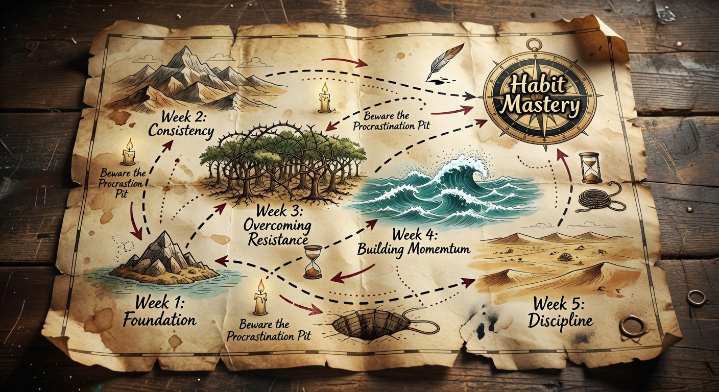 Habit mastery treasure map metaphor for the journey to consistency